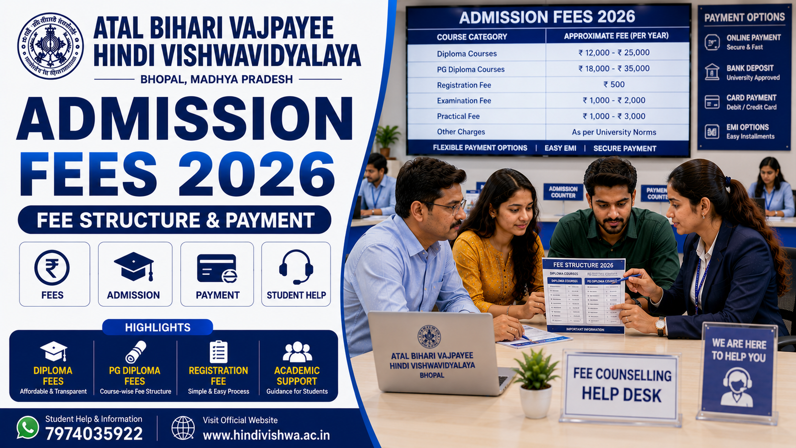 Atal Bihari Vajpayee Hindi Vishwavidyalaya Admission Fees 2026 Fee Structure