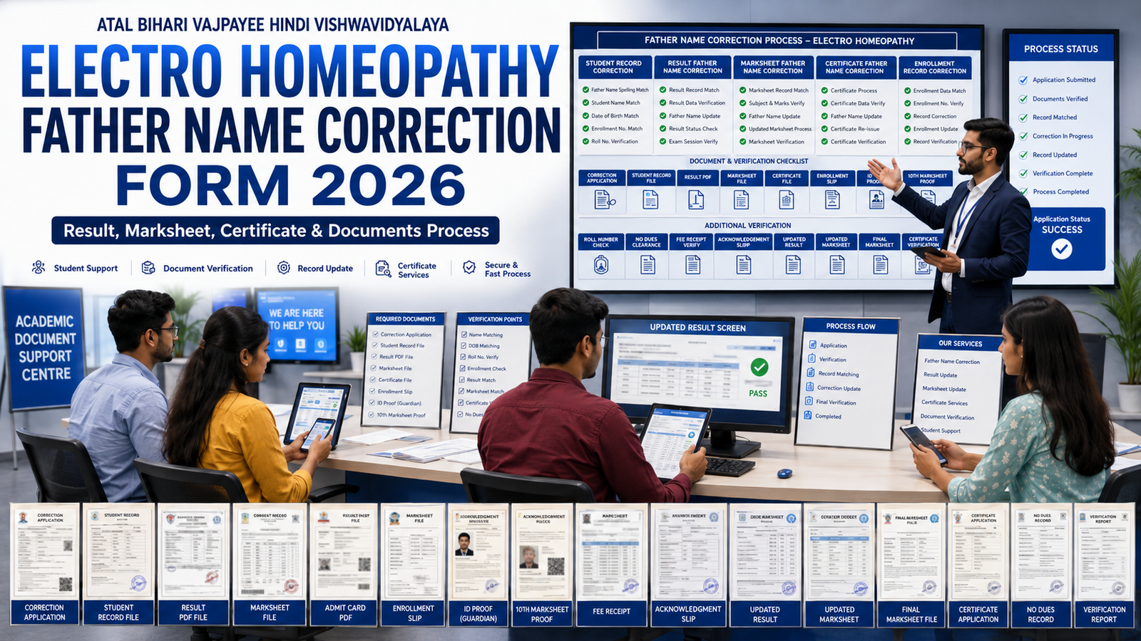 Atal Bihari Vajpayee Hindi Vishwavidyalaya Electro Homeopathy Father Name Correction Form 2026 result marksheet certificate documents process