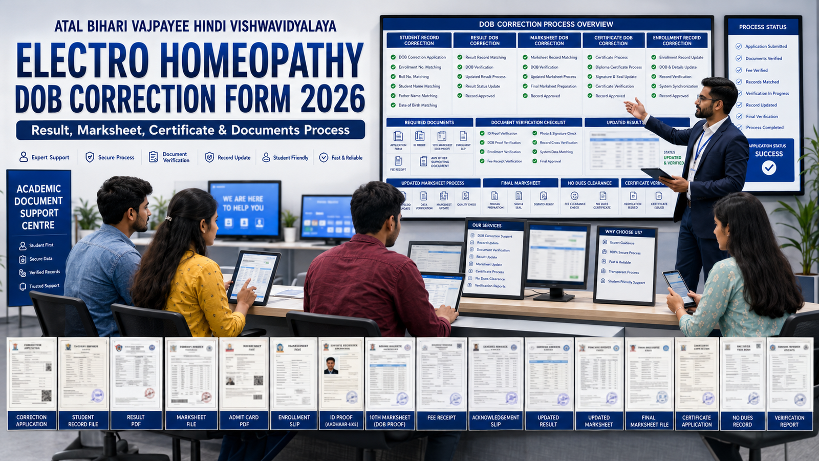 Atal Bihari Vajpayee Hindi Vishwavidyalaya Electro Homeopathy Date of Birth Correction Form 2026 result marksheet certificate documents process
